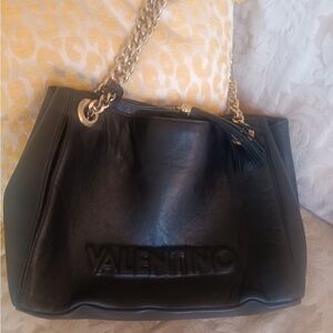 Valentino Black Leather Shoulder Bag with Gold Chain